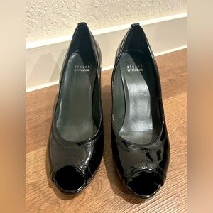 Stuart Weitzman Anna Belle Black Patent Leather Peep Toe Pumps Heels Size 8.5M